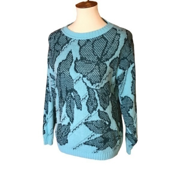 GUC✨ JESSICA SCOTT vintage women's large blue 90s flowers sweater - Picture 1 of 8